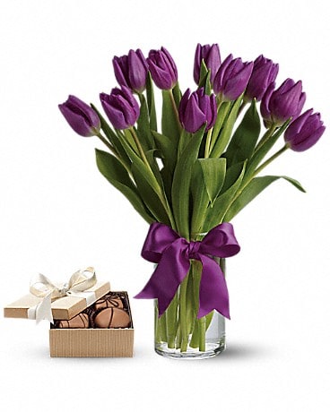 Passionate Purple Tulips with chocolates